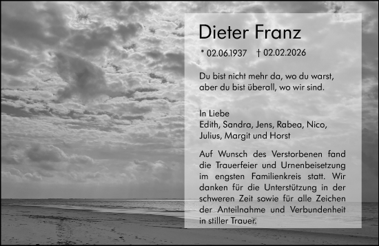 Traueranzeige von Dieter Franz von Wetzlarer Neue Zeitung