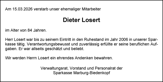 Traueranzeige von Dieter Losert von Hinterländer Anzeiger