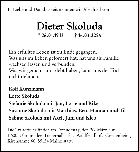 Traueranzeige von Dieter Skoluda von Allgemeine Zeitung Mainz