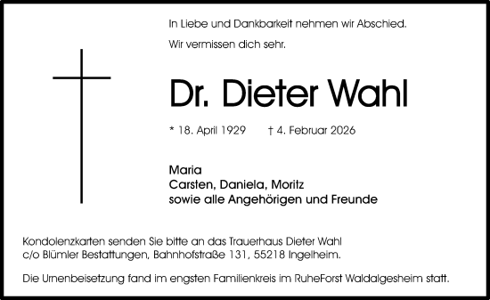 Traueranzeige von Dieter Wahl von Allgemeine Zeitung Rheinhessen-Nahe