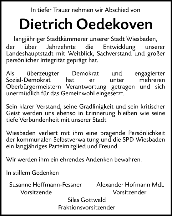 Traueranzeige von Dietrich Oedekoven von Wiesbadener Kurier