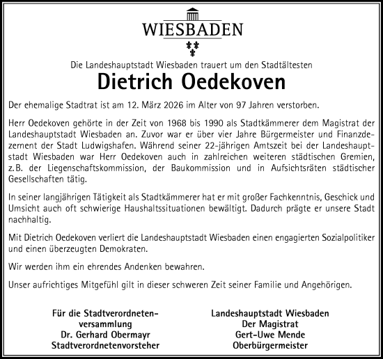 Traueranzeige von Dietrich Oedekoven von Wiesbadener Kurier