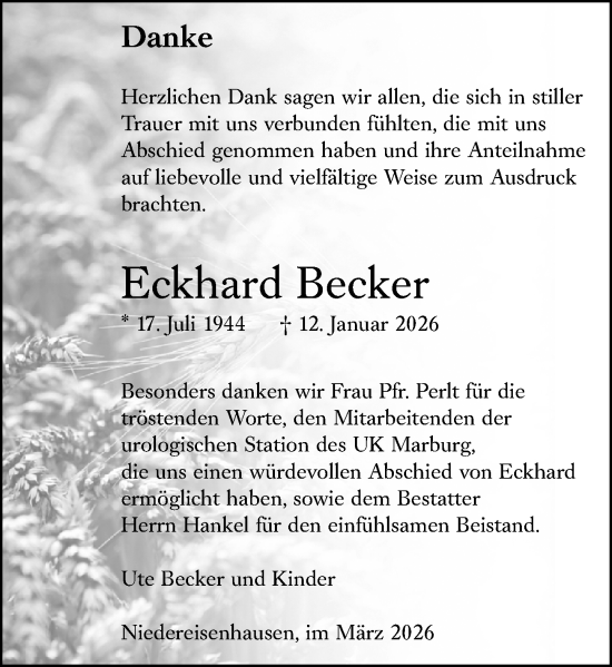 Traueranzeige von Eckhard Becker von Hinterländer Anzeiger