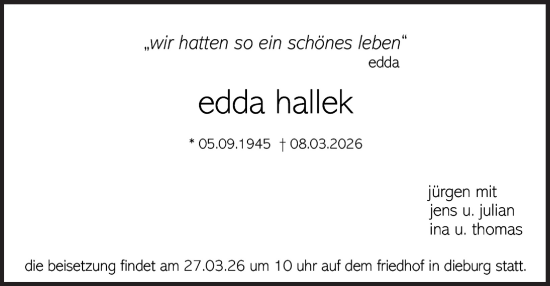 Traueranzeige von Edda Hallek von Dieburger Anzeiger/Groß-Zimmerner Lokal-Anzeiger