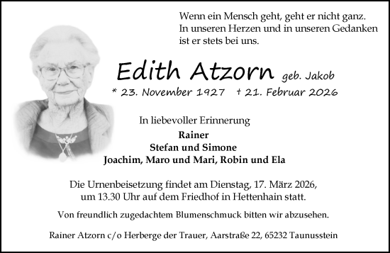Traueranzeige von Edith Atzorn von Idsteiner Land/Untertaunus