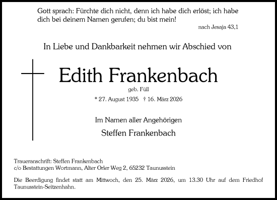 Traueranzeige von Edith Frankenbach von Rheingau-Taunus-Kreis Wochenblatt
