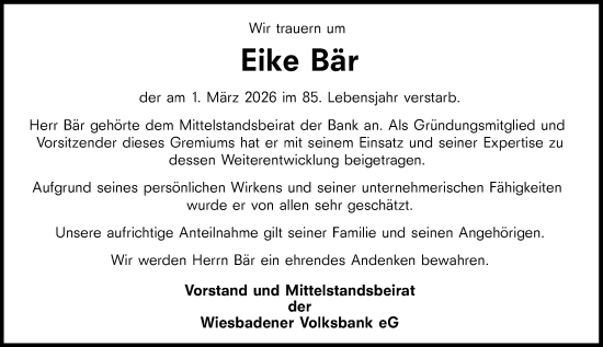 Traueranzeige von Eike Bär von Wiesbadener Kurier