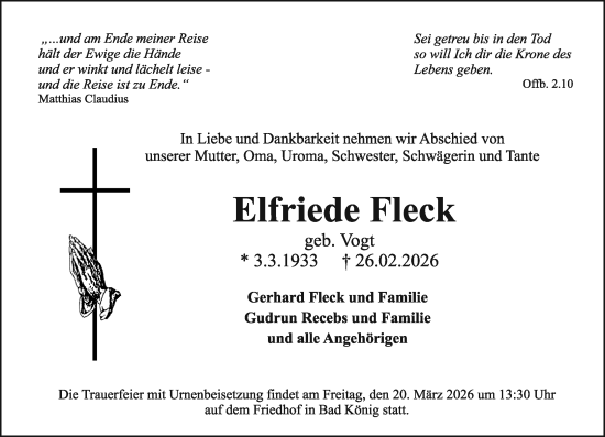 Traueranzeige von Elfriede Fleck von Odenwälder Echo