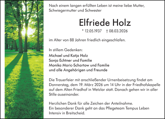 Traueranzeige von Elfriede Holz von Wetzlarer Neue Zeitung