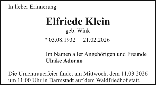 Traueranzeige von Elfriede Klein von Darmstädter Echo