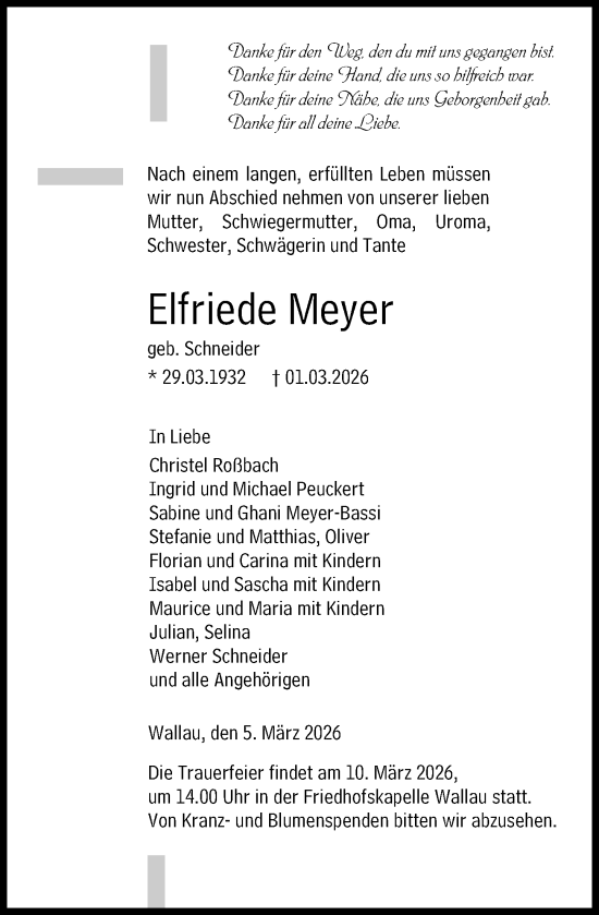 Traueranzeige von Elfriede Meyer von Hinterländer Anzeiger