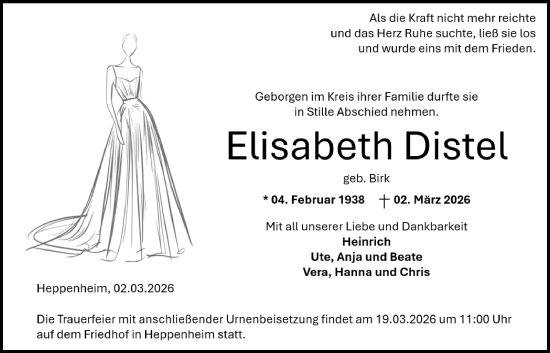 Traueranzeige von Elisabeth Distel von Starkenburger Echo
