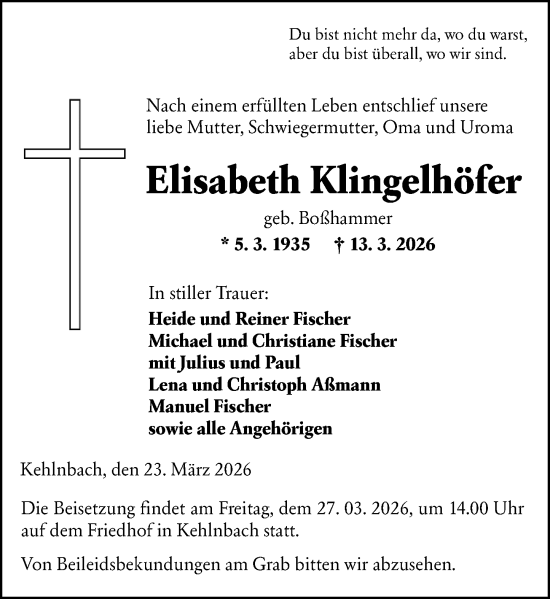 Traueranzeige von Elisabeth Klingelhöfer von Hinterländer Anzeiger