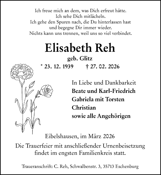 Traueranzeige von Elisabeth Reh von Dill Block