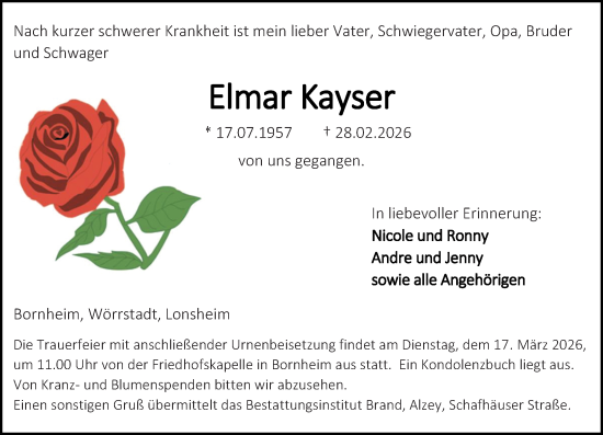Traueranzeige von Elmar Kayser von Allgemeine Zeitung Alzey