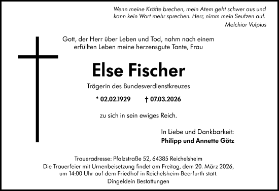 Traueranzeige von Else Fischer von Odenwälder Echo