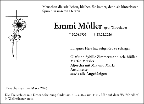 Traueranzeige von Emmi Müller von Weilburger Tageblatt