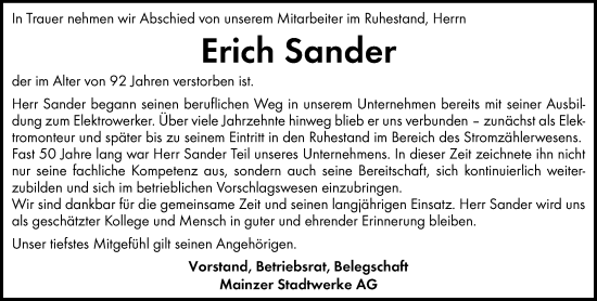 Traueranzeige von Erich Sander von Allgemeine Zeitung Mainz