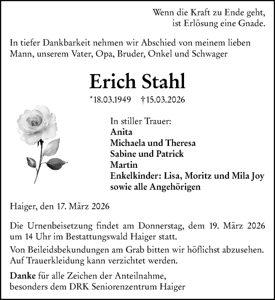 Traueranzeige von Erich Stahl von Dill Block