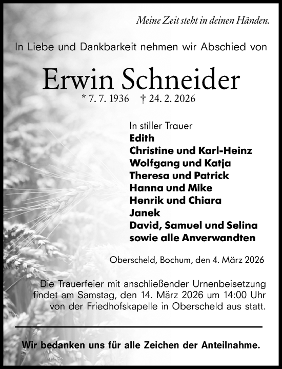 Traueranzeige von Erwin Schneider von Dill Block