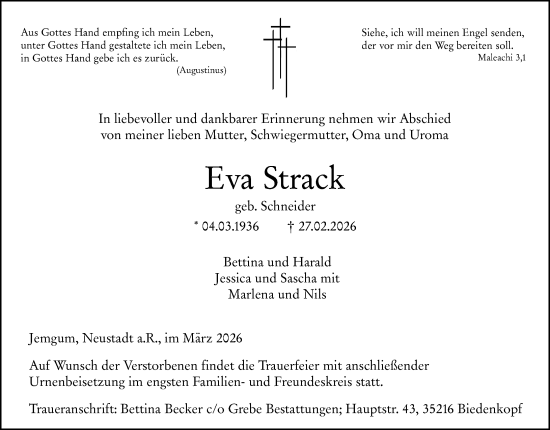 Traueranzeige von Eva Strack von Hinterländer Anzeiger