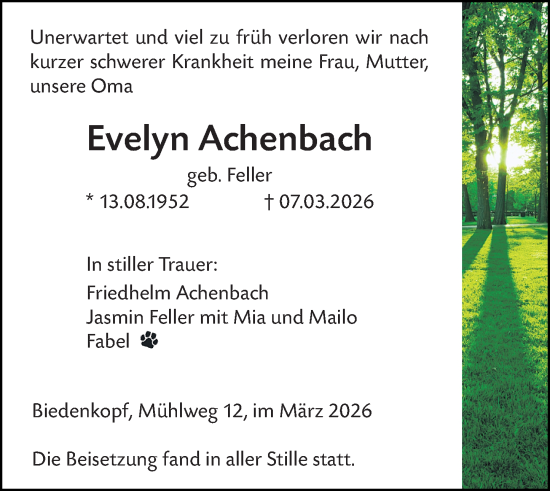 Traueranzeige von Evelyn Achenbach von Hinterländer Anzeiger