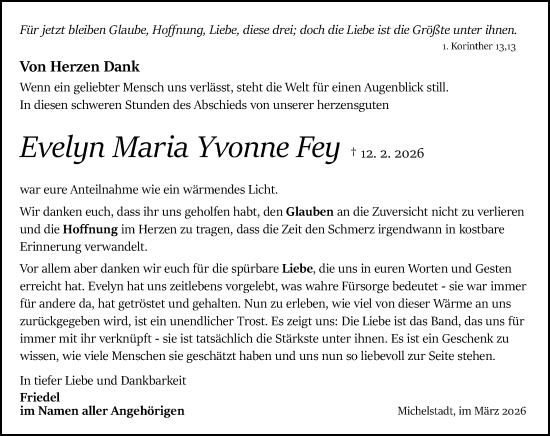 Traueranzeige von Evelyn Maria Yvonne Fey von Odenwälder Echo