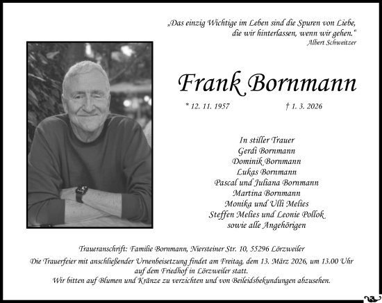 Traueranzeige von Frank Bornmann von Allgemeine Zeitung Mainz
