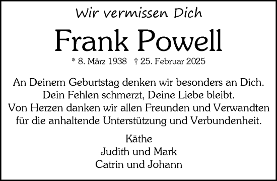 Traueranzeige von Frank Powell von Rheingau-Taunus-Kreis Wochenblatt