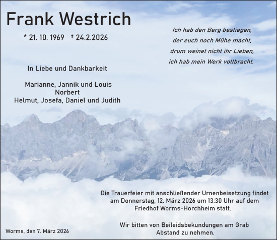 Traueranzeige von Frank Westrich von Wormser Zeitung