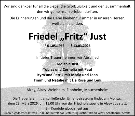 Traueranzeige von Friedel Just von Allgemeine Zeitung Alzey