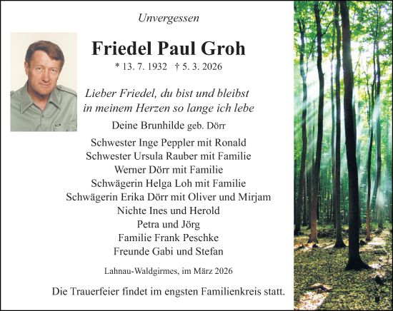 Traueranzeige von Friedel Paul Groh von Wetzlarer Neue Zeitung