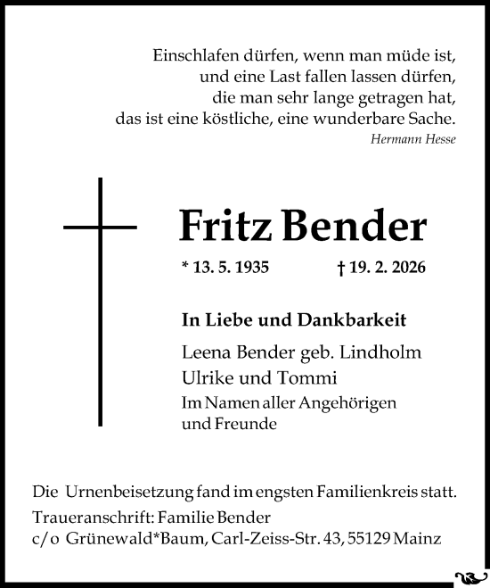 Traueranzeige von Fritz Bender von Allgemeine Zeitung Mainz