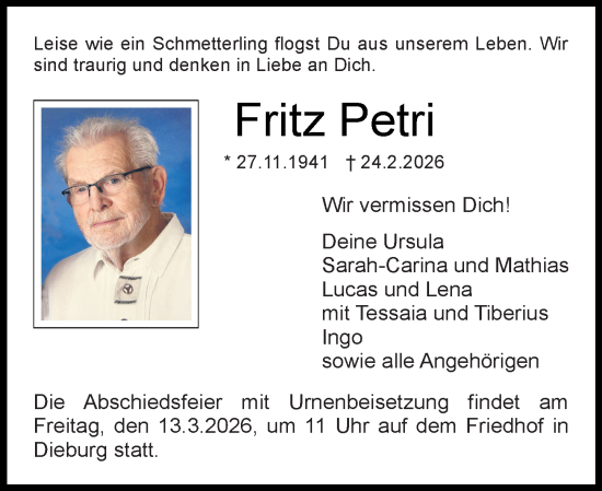 Traueranzeige von Fritz Petri von Dieburger Anzeiger/Groß-Zimmerner Lokal-Anzeiger