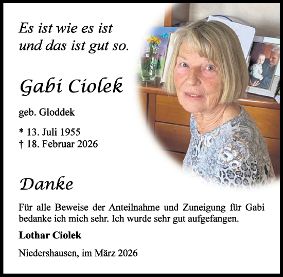Traueranzeige von Gabi Ciolek von Weilburger Tageblatt