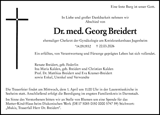 Traueranzeige von Georg Breidert von Darmstädter Echo