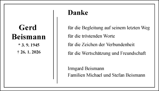 Traueranzeige von Gerd Beismann von Allgemeine Zeitung Mainz