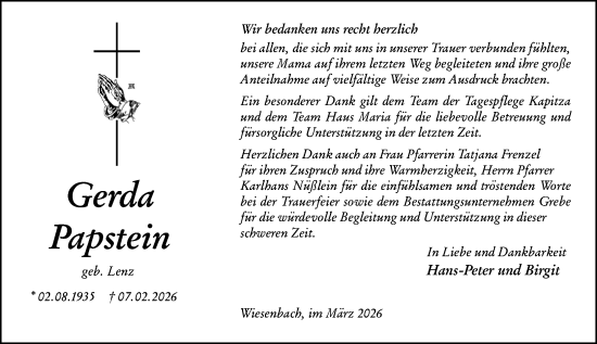 Traueranzeige von Gerda Papstein von Hinterländer Anzeiger