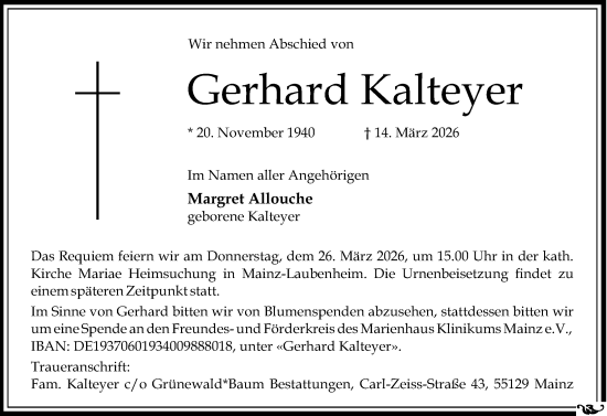 Traueranzeige von Gerhard Kalteyer von Allgemeine Zeitung Mainz