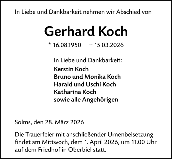 Traueranzeige von Gerhard Koch von Hinterländer Anzeiger