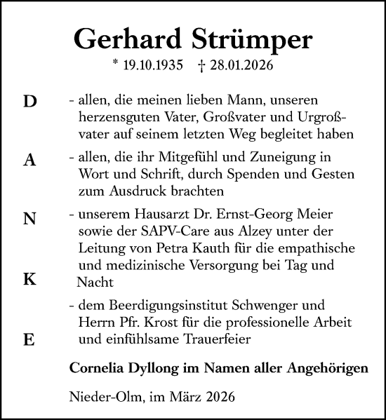 Traueranzeige von Gerhard Strümper von Allgemeine Zeitung Mainz