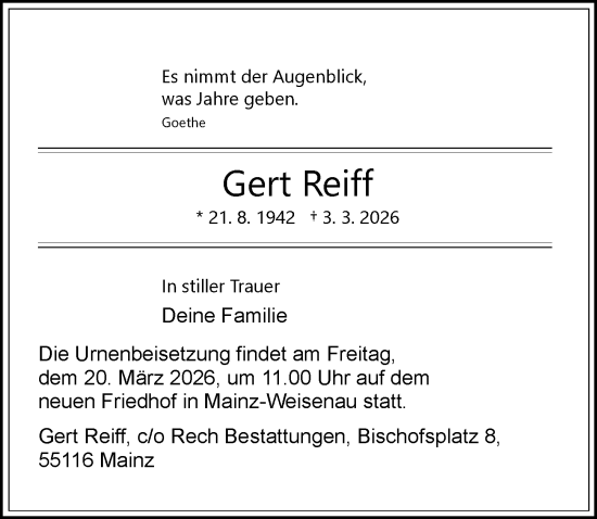 Traueranzeige von Gert Reiff von Allgemeine Zeitung Mainz