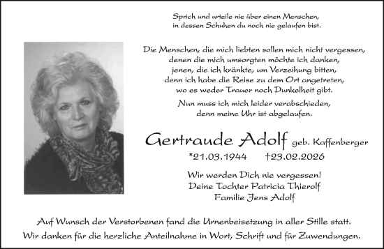 Traueranzeige von Gertraude Adolf von Odenwälder Echo