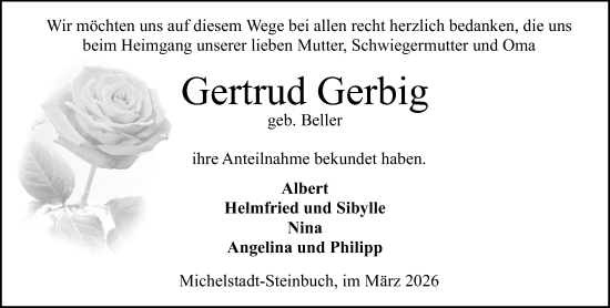 Traueranzeige von Gertrud Gerbig von Odenwälder Echo