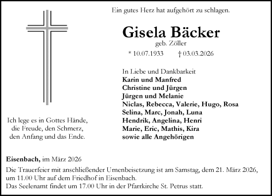Traueranzeige von Gisela Bäcker von Camberger Anzeiger
