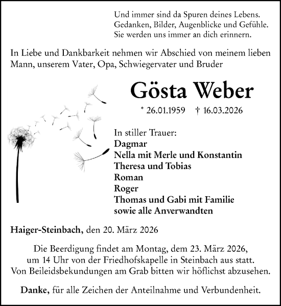 Traueranzeige von Gösta Weber von Dill Block
