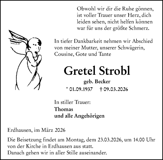 Traueranzeige von Gretel Strobl von Hinterländer Anzeiger