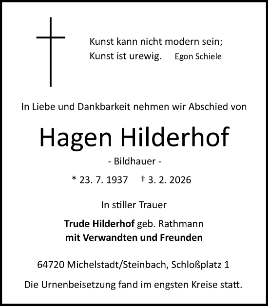 Traueranzeige von Hagen Hilderhof von Odenwälder Echo