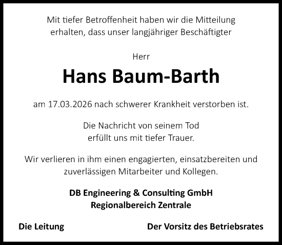 Traueranzeige von Hans Baum-Barth von Allgemeine Zeitung Rheinhessen-Nahe