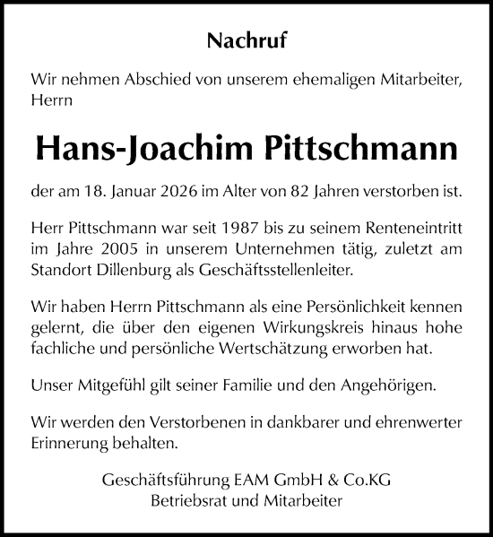 Traueranzeige von Hans-Joachim Pittschmann von Dill Block